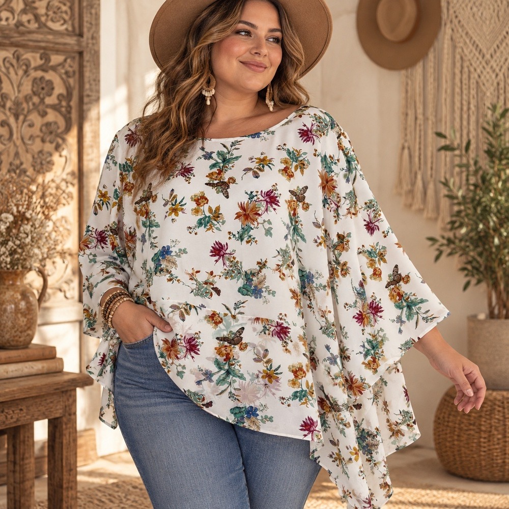 Chicos Floral Asymmetrical Tunic Top Sz 4 Plus Size 20-22 White Butterfly Boho